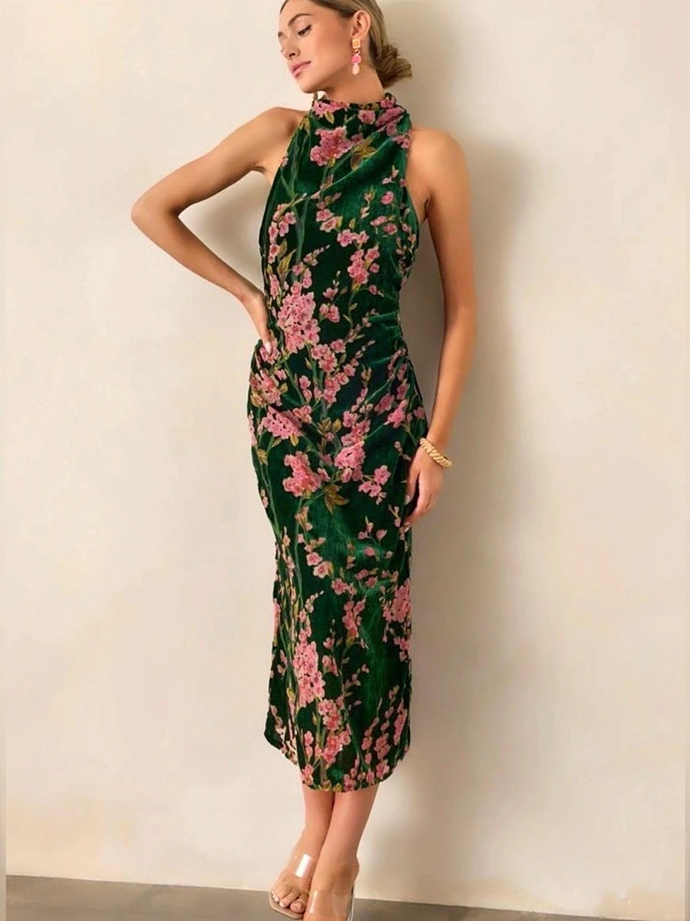 FORE Floral Velvet Midi Dress Size Small